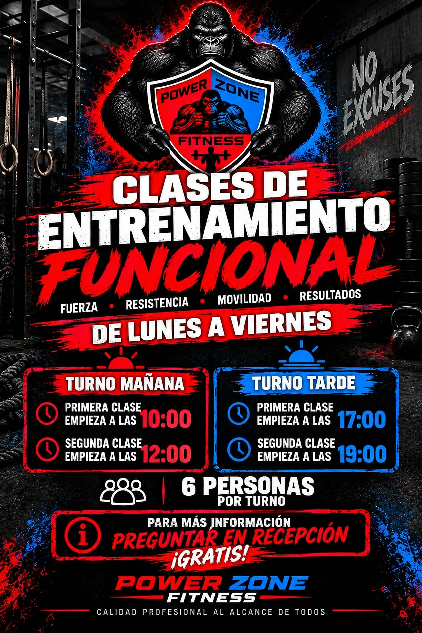 Cartel de las clases de entrenamiento funcional: de lunes a viernes, turno de mañana a las 10:00 y 12:00 y turno de tarde a las 17:00 y 19:00, seis personas por turno
