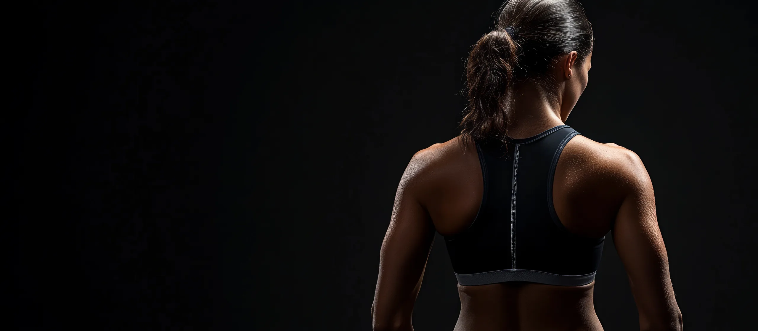 Espalda y hombros de una mujer en ropa deportiva, sobre fondo negro