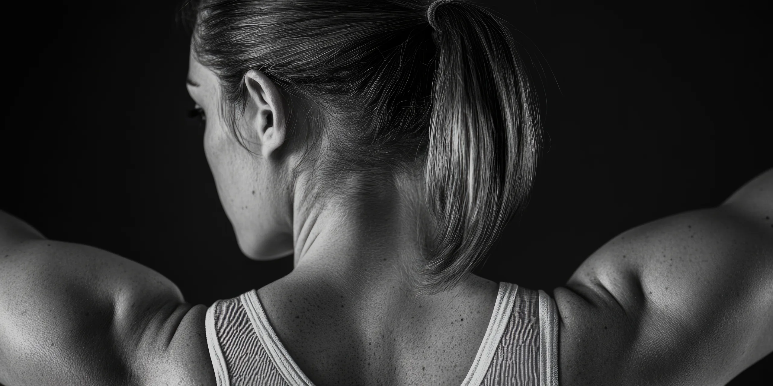 Hombros y brazos de una mujer en camiseta deportiva, en blanco y negro